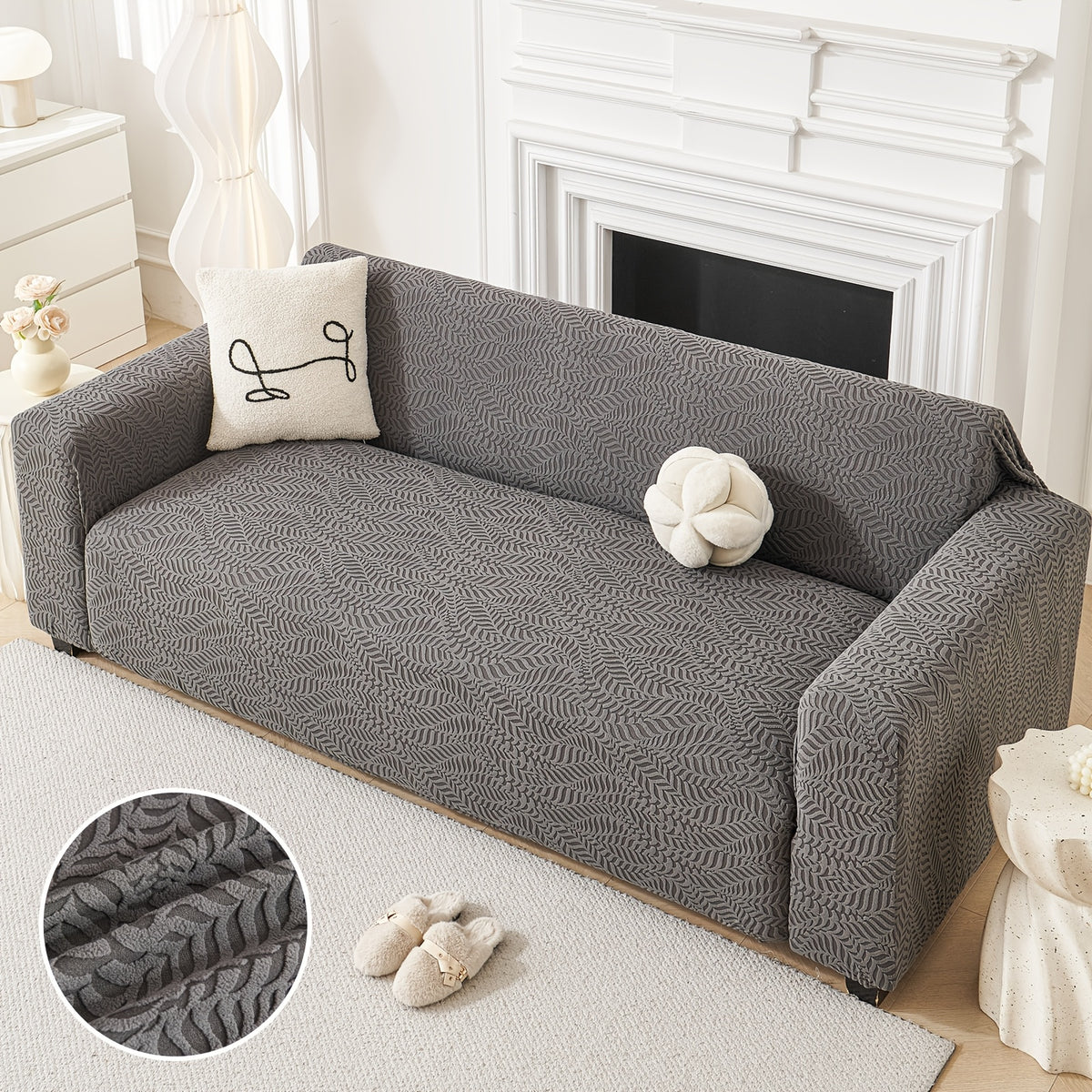 Housse de canapé extensible en polaire jacquard à motif feuillage, tissu de 160 à 180 g/m²