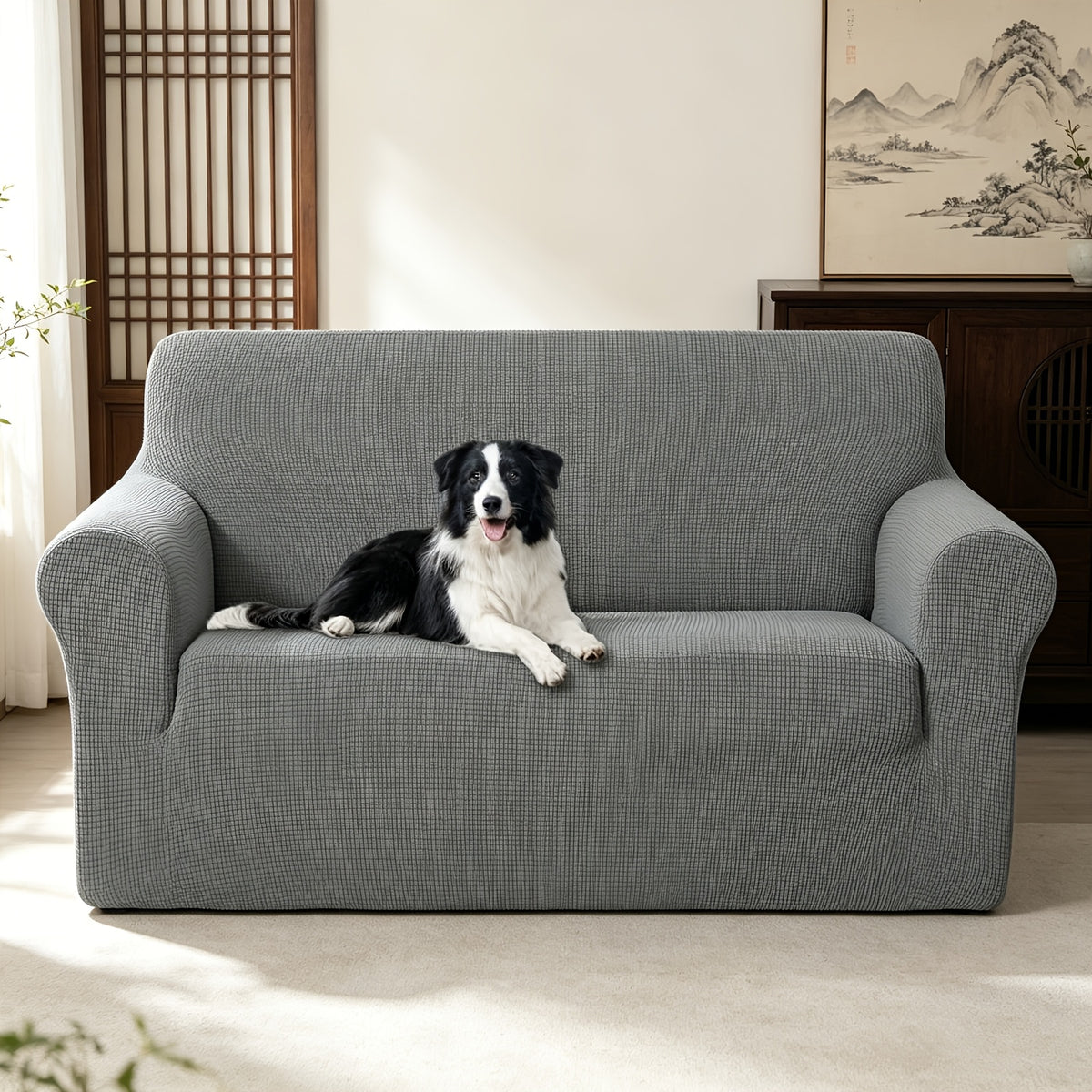 Housse de canapé extensible en polaire jacquard à rayures, gros plan sur le tissu