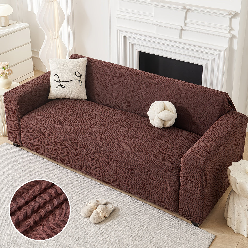Housse de canapé extensible en polaire jacquard à motif feuillage, mise en situation