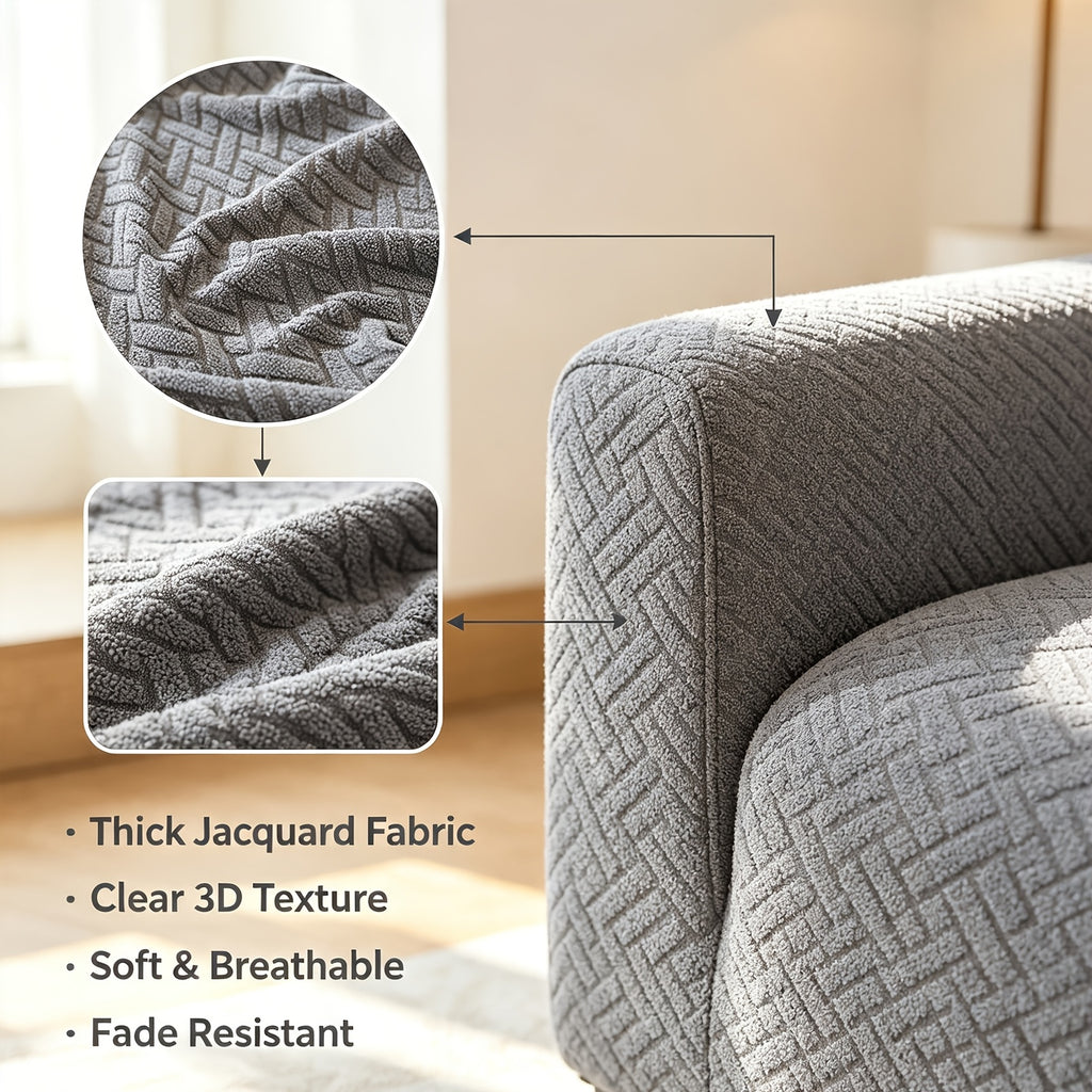Housse de canapé extensible en polaire jacquard, détail de l'ourlet