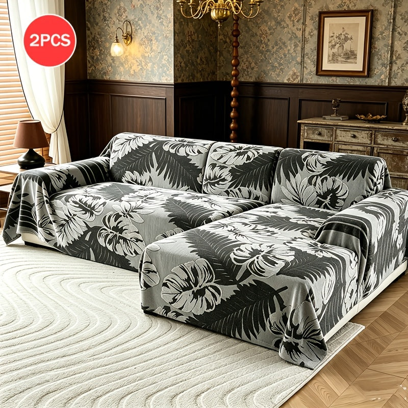 Housse de canapé en velours jacquard à motif tropical antidérapante, gros plan sur le tissu