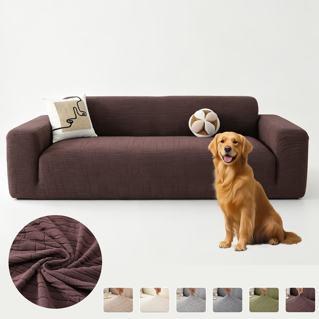 Housse de canapé extensible en polaire jacquard à motif géométrique — détail de la matière : polaire
